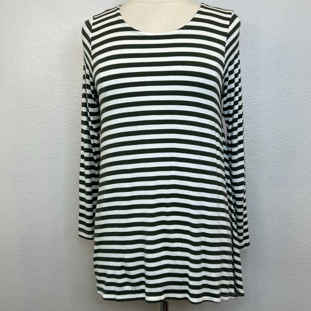 Anthro Puella Long Sleeve Stripe Green White Tunic Swing T-Shirt Top Size M
